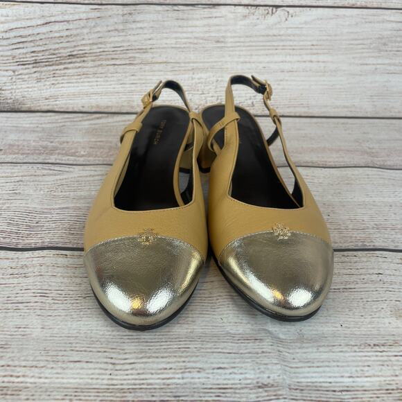 Tory Burch Cap-Toe Womens Sz 7M Slingback Heels Ginger Shortbread Spark Gold - Picture 3 of 9